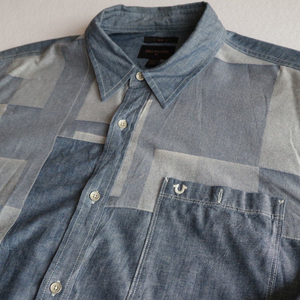True Religion Mens Patchwork Chambray Denim Button Down Shirt Slim 3XL Blue